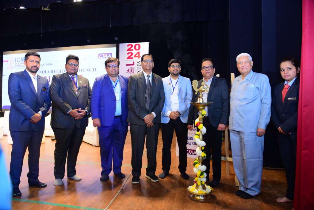 Inaugural Session: (L to R) CMA ArifKhan Mansuri, Chairman - ICMAI Nashik Chapter, CMA Nanty Shah, Treasurer ICMAI-WIRC, CMA Chaitanya Mohrir, Chairman, ICMAI-WIRC, CMA Ashwin Dalwadi, President ICMAI, CMA Mihir Vyas, Hon. Secretary & Chairman, Students Coordination Committee, ICMAI-WIRC, CMA V P Shenoy, Asst. Vice President-Finance - Graphite India Limited, CMA (Dr.) Dhananjay V Joshi - Former President ICMAI and CMA Maithili Malpure, Treasurer ICMAI-Nashik Chapter.