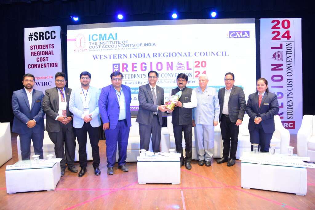CMA Ashwin Dalwadi, President ICMAI felicitating Hon. Shri Hemant Godse, Member of Loksabha during the WIRC Regional Students Cost Convention 2024 held on 17th & 18th February, 2024 at Gurudakshina Auditorium Nashik.
Also seen (L to R) CMA ArifKhan Mansuri, Chairman - ICMAI Nashik Chapter, CMA Nanty Shah, Treasurer ICMAI-WIRC, CMA Mihir Vyas, Hon. Secretary & Chairman, Students Coordination Committee, ICMAI-WIRC, CMA Chaitanya Mohrir, Chairman, ICMAI-WIRC, CMA (Dr.) Dhananjay V Joshi - Former President ICMAI, CMA V P Shenoy, Asst. Vice President-Finance - Graphite India Limited and CMA Maithili Malpure, Treasurer ICMAI-Nashik Chapter.