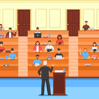 Flat colored audience conference hall composition with students and teacher at university vector illustration